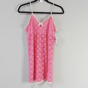 Y2K Babydoll Lingerie Slip Dress Medium Coral Pink Lace Sheer Bow Vneck Chemise